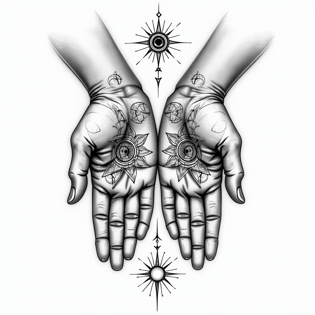 Two hands, as above so belowin prophecy tattoo style, featuring mystical symbols, celestial imagery like stars, moons, suns, geometric patterns, foretelling elements, an eye of wisdom - Variation 3