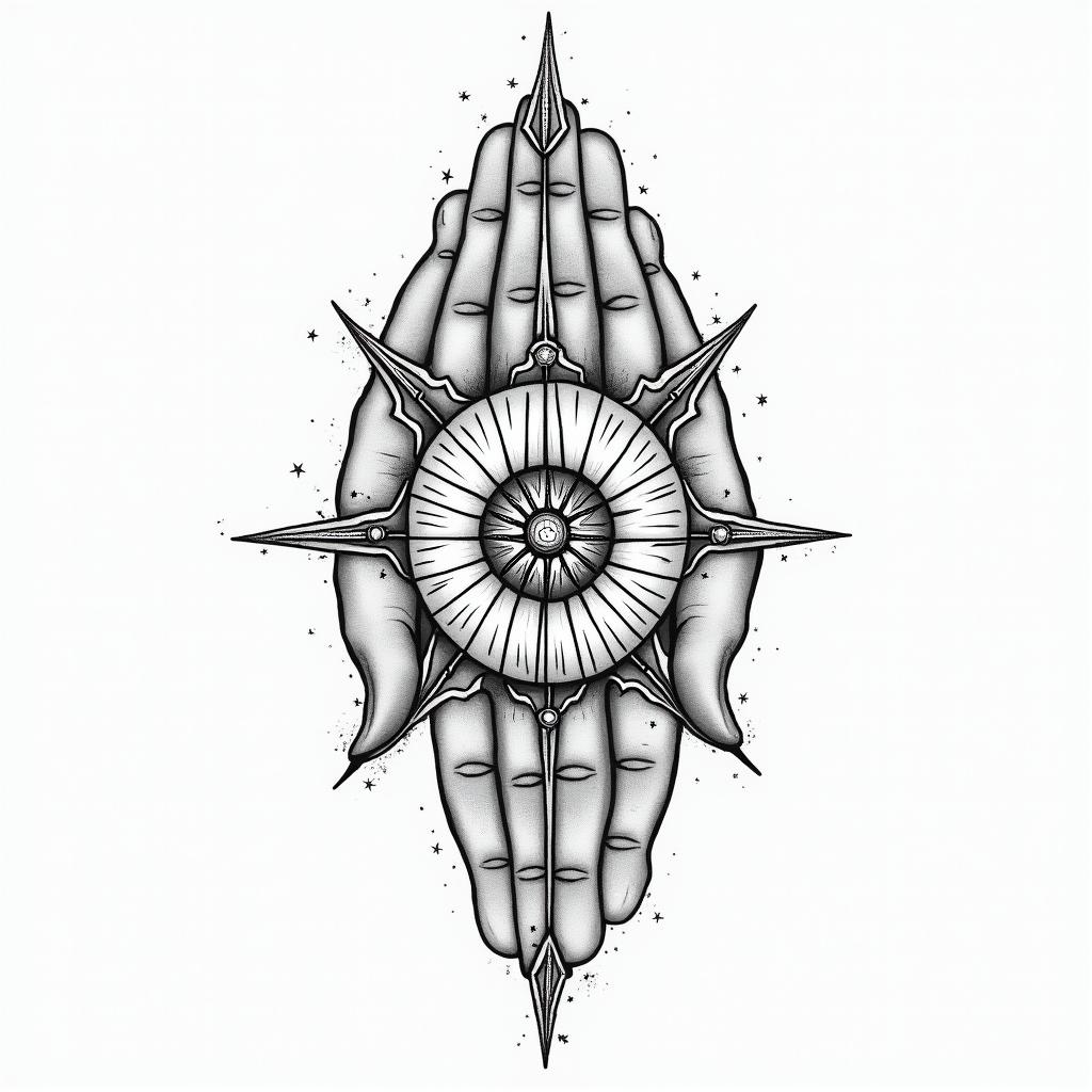 Two hands, as above so belowin prophecy tattoo style, featuring mystical symbols, celestial imagery like stars, moons, suns, geometric patterns, foretelling elements, an eye of wisdom