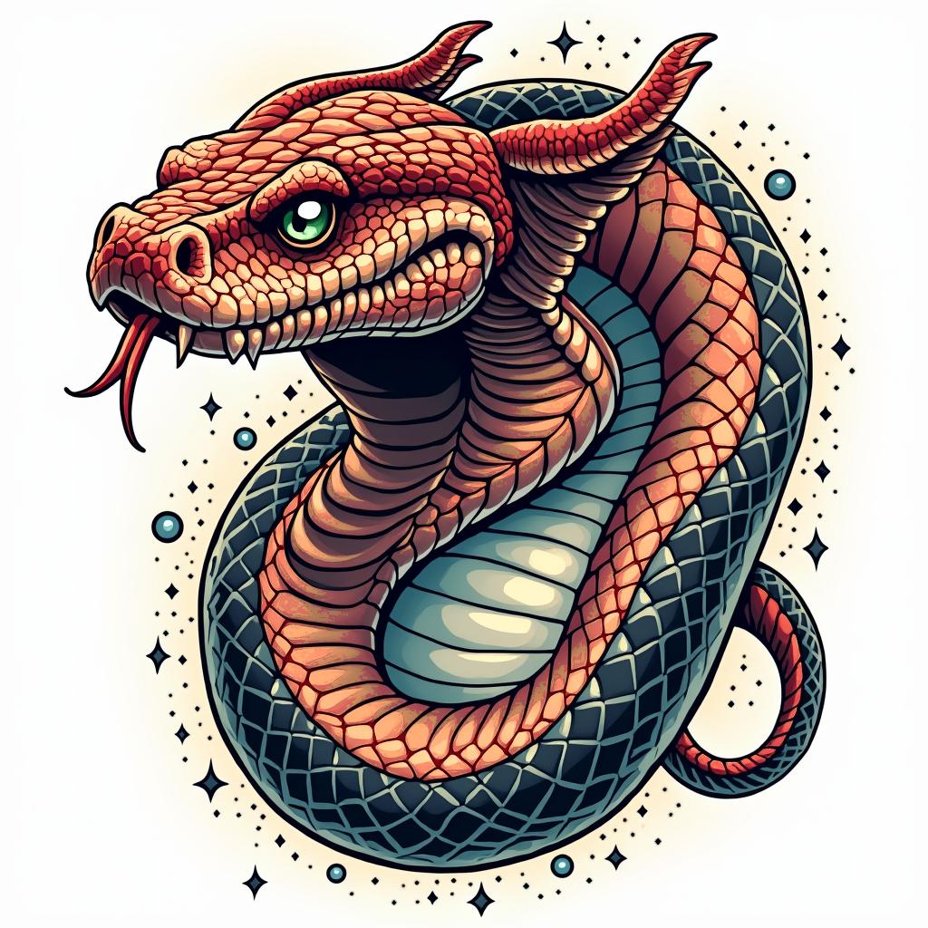 Snakein pop art style tattoo, featuring bold and vibrant colors, exaggerated outlines, iconic imagery, inspired by comic books and speech bubbles, comic book characters, retro pop culture - Variation 6
