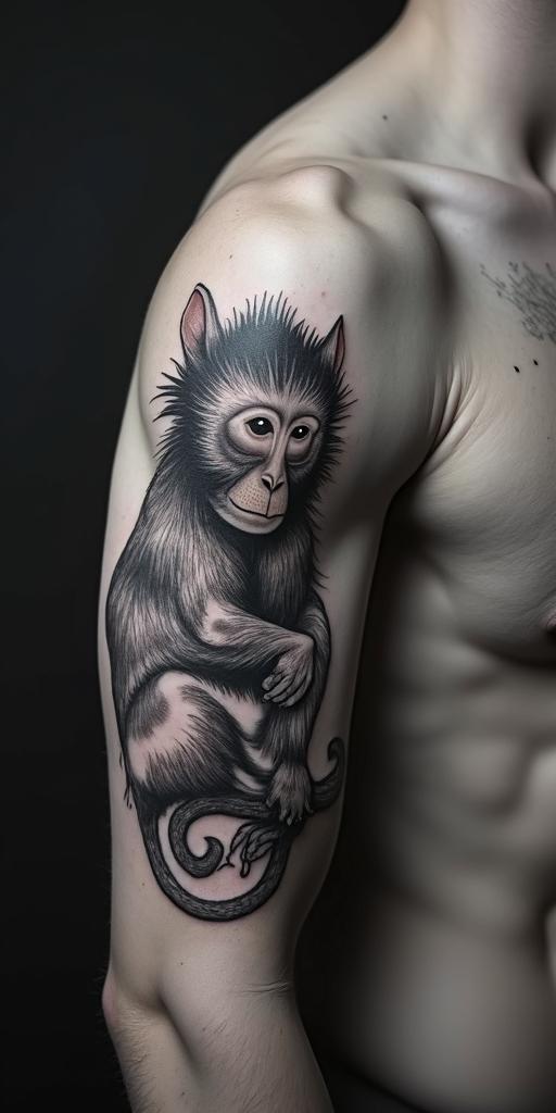 Year of the monkey 1992 Aries zodiac signtext-based tattoo, japanese font ultra-realistic, perfectly placed, high-quality font design, photo-realistic shading, 8k, high quality, finely detailed typograph