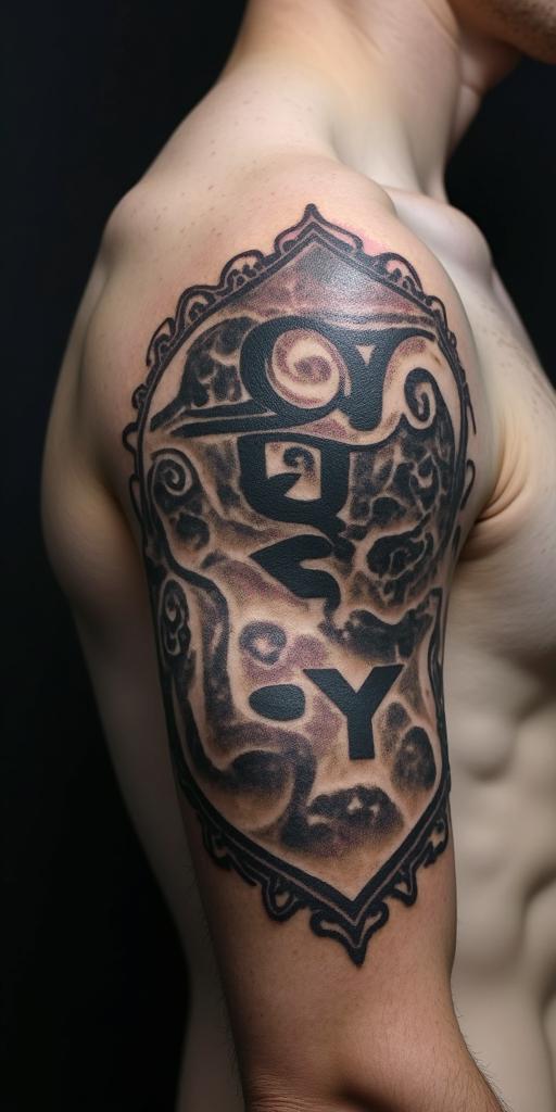 Year of the monkey 1992 Aries zodiac signtext-based tattoo, japanese font ultra-realistic, perfectly placed, high-quality font design, photo-realistic shading, 8k, high quality, finely detailed typograph - Variation 4