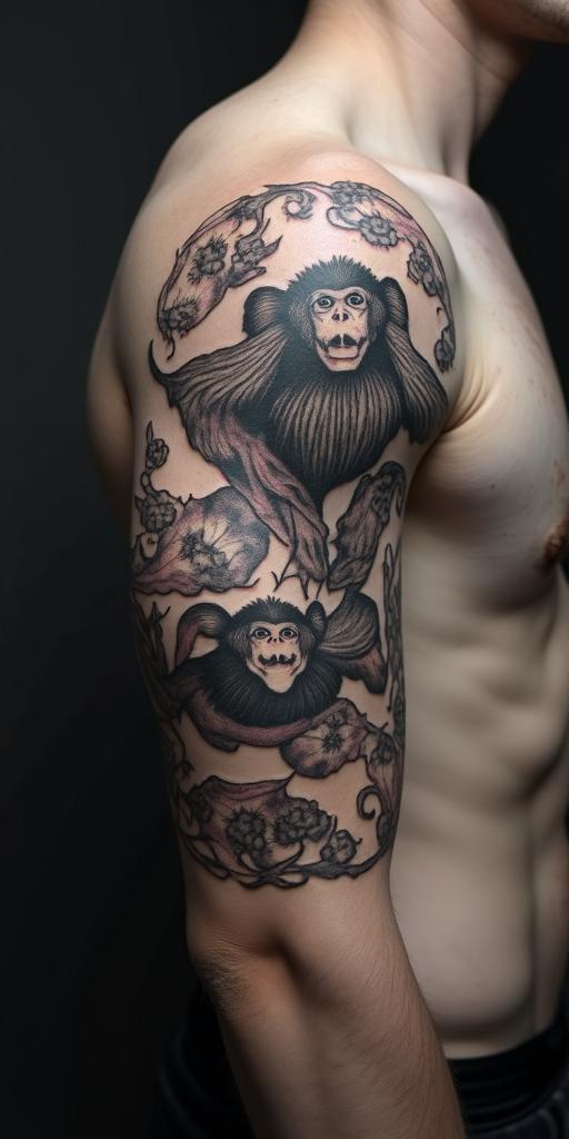 Year of the monkey 1992 Aries zodiac signtext-based tattoo, japanese font ultra-realistic, perfectly placed, high-quality font design, photo-realistic shading, 8k, high quality, finely detailed typograph - Variation 3
