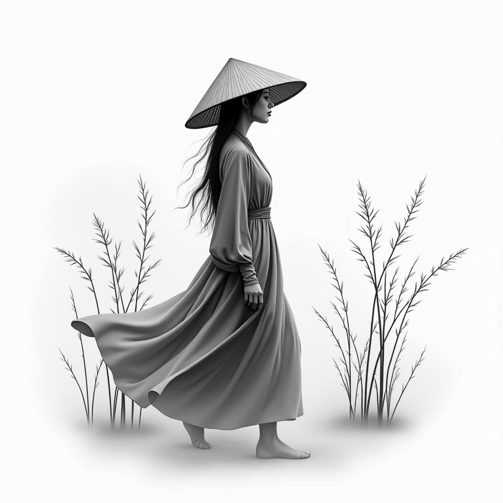 Black and gray forearm tattoo design of a mysterious Vietnamese woman wearing a traditional nón lá straw hat and flowing robes. She is walking through a misty landscape surrounded by bamboo stalks or sparse, windswept trees. The scene has an ethereal, cinematic feel—fog rising from the ground, fabric blowing in the wind. Her face is partially hidden by the hat and hair, giving her a sensual but unreadable energy. Add subtle ink wash-style shading for depth and texture. The design should flow vertically with natural motion, perfect for a forearm wrap.higly detailed tattoo - Variation 2
