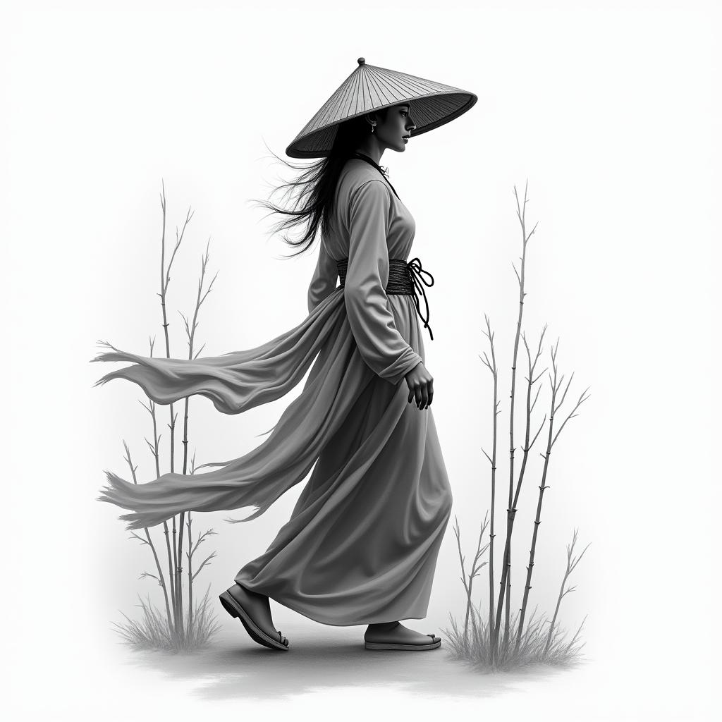 Black and gray forearm tattoo design of a mysterious Vietnamese woman wearing a traditional nón lá straw hat and flowing robes. She is walking through a misty landscape surrounded by bamboo stalks or sparse, windswept trees. The scene has an ethereal, cinematic feel—fog rising from the ground, fabric blowing in the wind. Her face is partially hidden by the hat and hair, giving her a sensual but unreadable energy. Add subtle ink wash-style shading for depth and texture. The design should flow vertically with natural motion, perfect for a forearm wrap.higly detailed tattoo