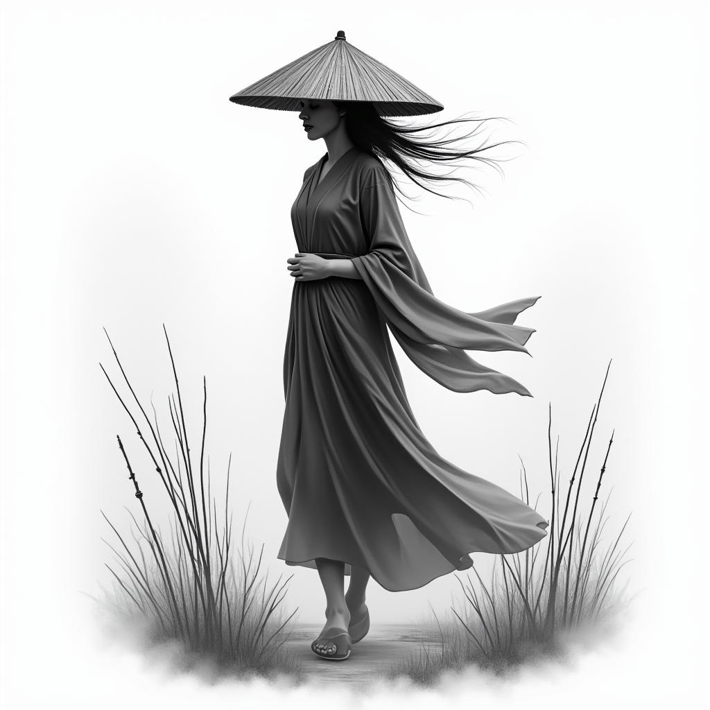 Black and gray forearm tattoo design of a mysterious Vietnamese woman wearing a traditional nón lá straw hat and flowing robes. She is walking through a misty landscape surrounded by bamboo stalks or sparse, windswept trees. The scene has an ethereal, cinematic feel—fog rising from the ground, fabric blowing in the wind. Her face is partially hidden by the hat and hair, giving her a sensual but unreadable energy. Add subtle ink wash-style shading for depth and texture. The design should flow vertically with natural motion, perfect for a forearm wrap.higly detailed tattoo - Variation 3