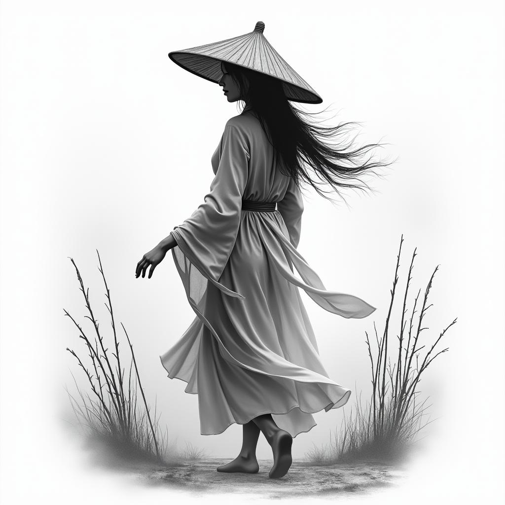 Black and gray forearm tattoo design of a mysterious Vietnamese woman wearing a traditional nón lá straw hat and flowing robes. She is walking through a misty landscape surrounded by bamboo stalks or sparse, windswept trees. The scene has an ethereal, cinematic feel—fog rising from the ground, fabric blowing in the wind. Her face is partially hidden by the hat and hair, giving her a sensual but unreadable energy. Add subtle ink wash-style shading for depth and texture. The design should flow vertically with natural motion, perfect for a forearm wrap.higly detailed tattoo - Variation 4