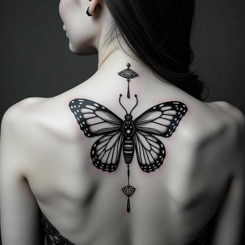 Butterfly and a fairyin spiritual symbols tattoo style, featuring an intricate design incorporating elements, Hamsa hand, third eye, minimalist composition - Variation 8