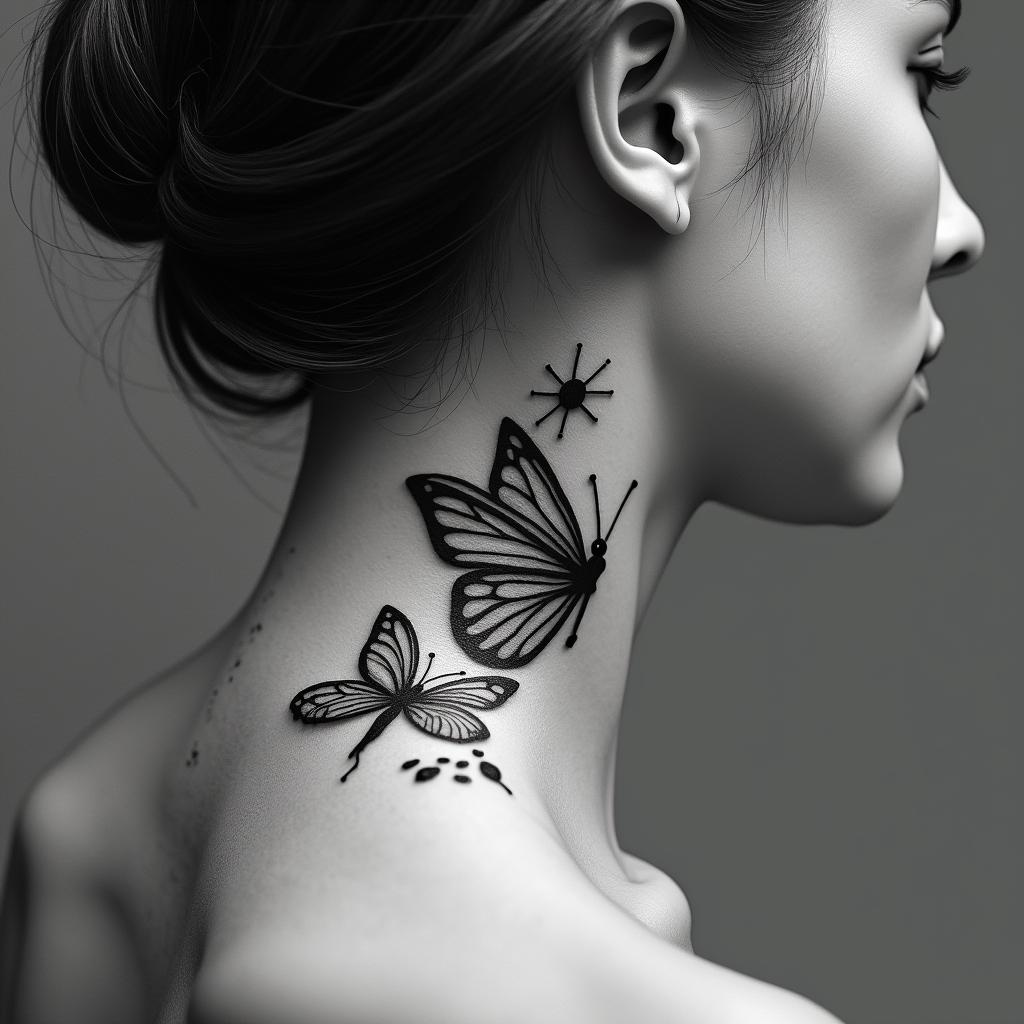 Butterfly and a fairyin spiritual symbols tattoo style, featuring an intricate design incorporating elements, Hamsa hand, third eye, minimalist composition - Variation 7