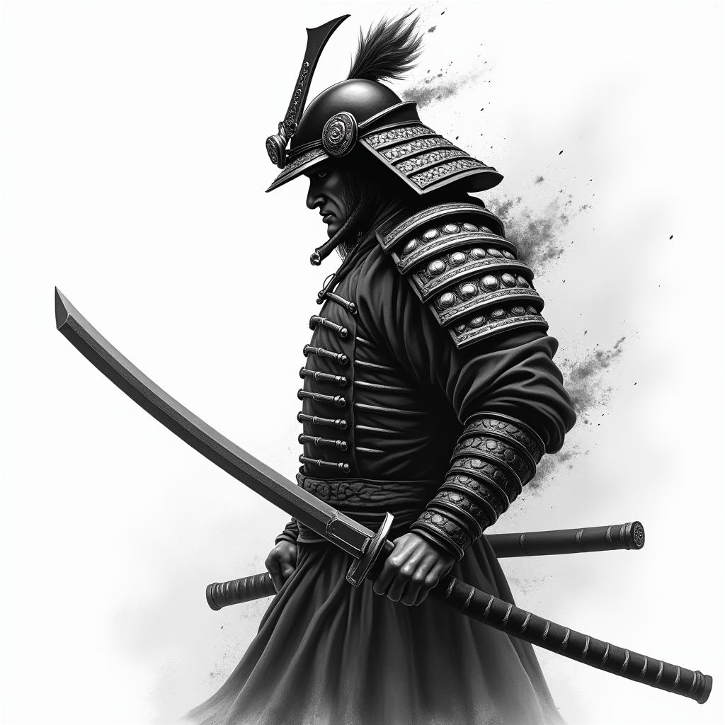 Samurai with a katanain realism tattoo style, featuring a highly detailed, lifelike, capturing every detail, photorealistic, ultra realistic, intricate shading, smooth and sharp,   - Variation 3