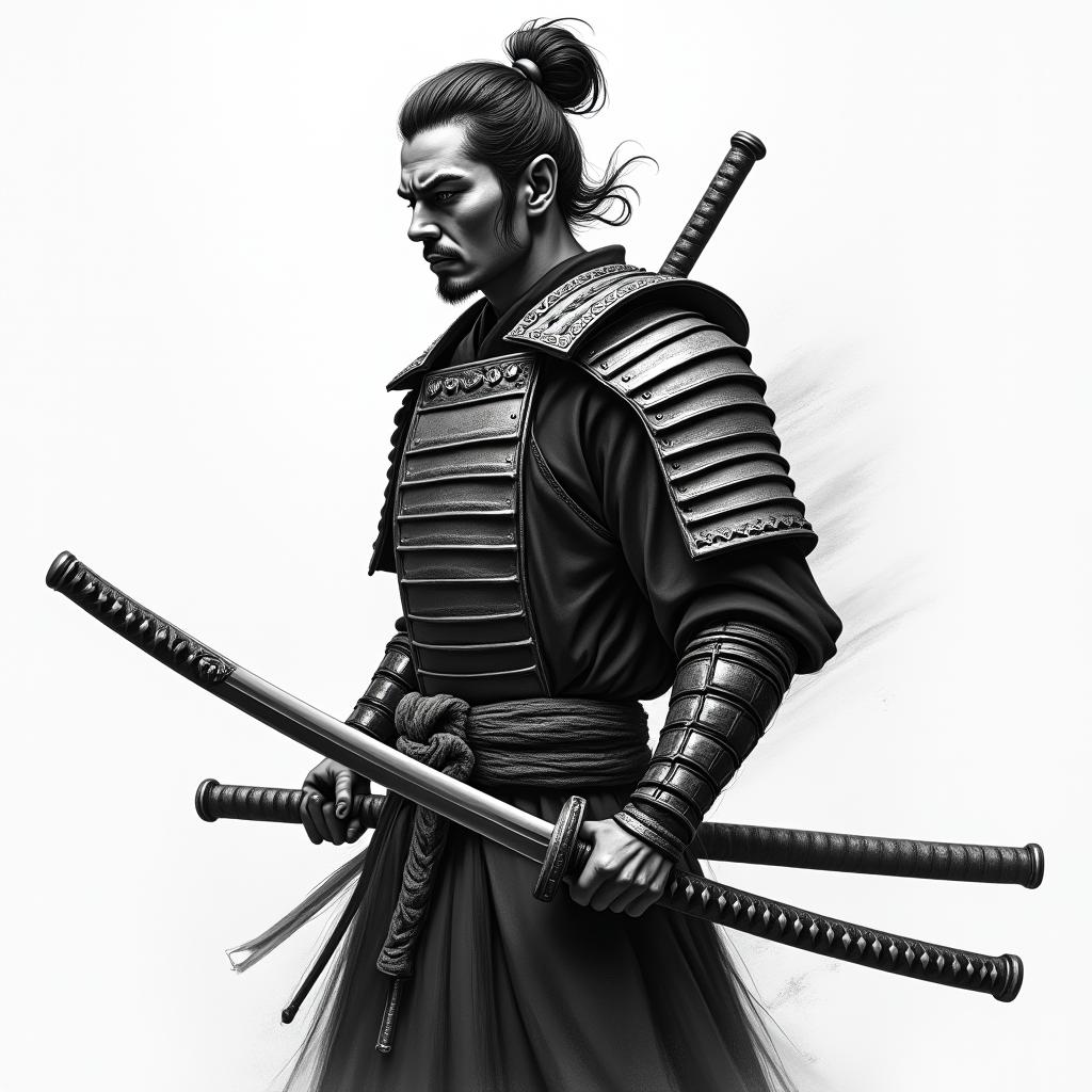 Samurai with a katanain realism tattoo style, featuring a highly detailed, lifelike, capturing every detail, photorealistic, ultra realistic, intricate shading, smooth and sharp,   - Variation 2