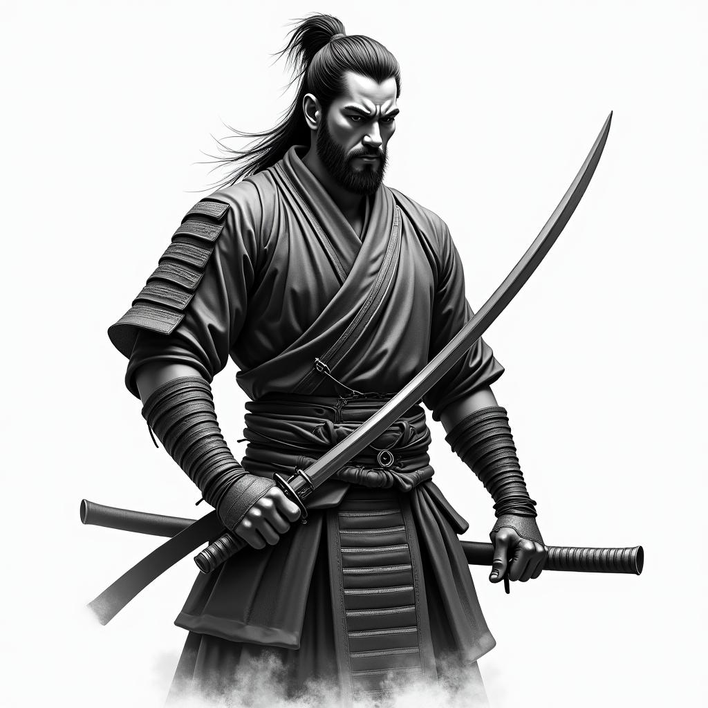 Samurai with a katanain realism tattoo style, featuring a highly detailed, lifelike, capturing every detail, photorealistic, ultra realistic, intricate shading, smooth and sharp,   - Variation 4