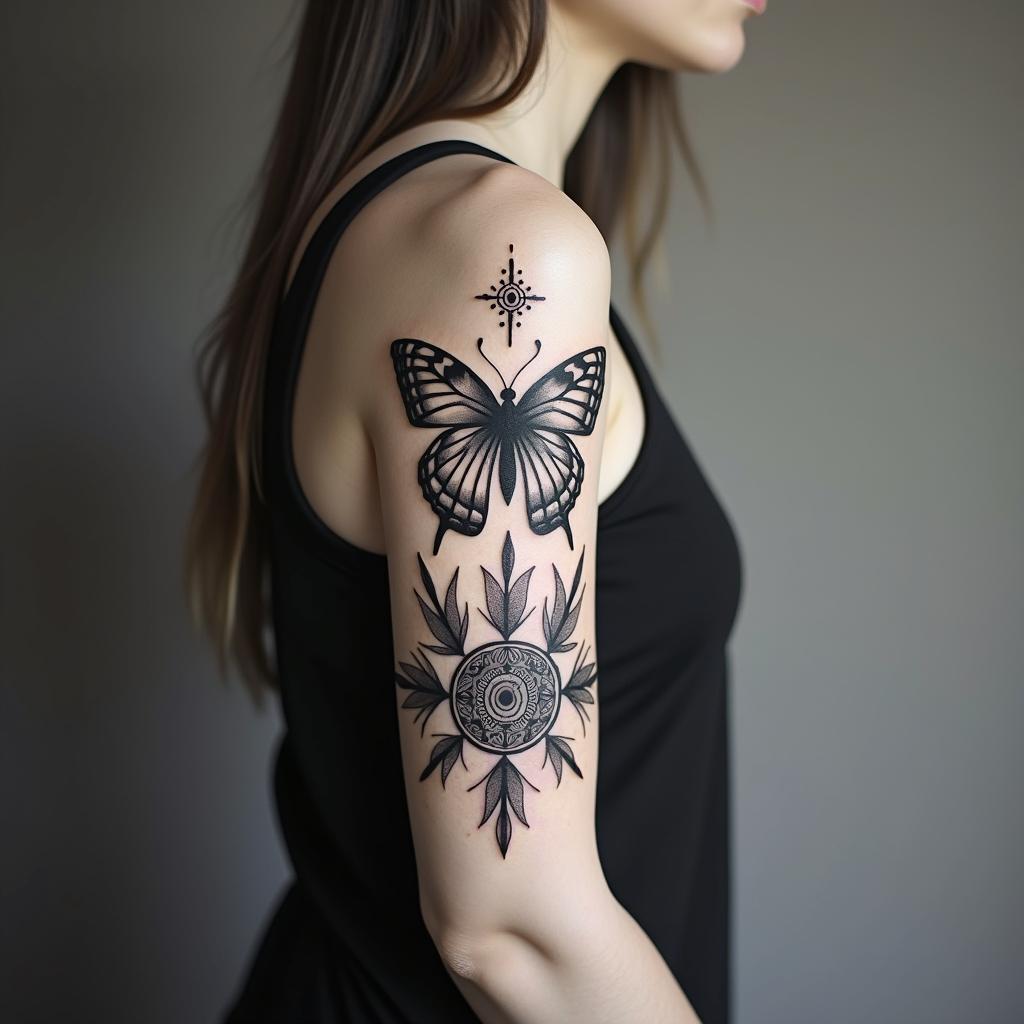 Butterfly and a fairyin spiritual symbols tattoo style, featuring an intricate design incorporating elements, Hamsa hand, third eye, minimalist composition - Variation 2