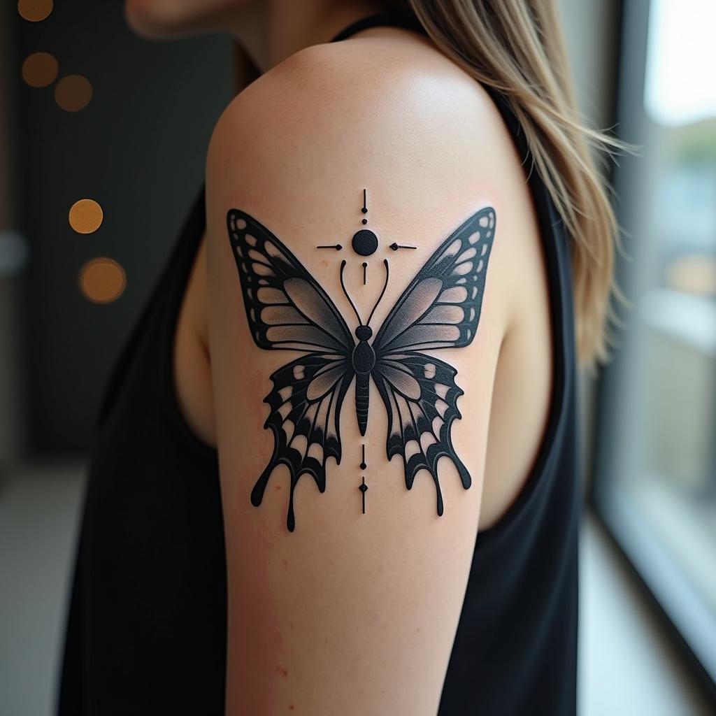 Butterfly and a fairyin spiritual symbols tattoo style, featuring an intricate design incorporating elements, Hamsa hand, third eye, minimalist composition