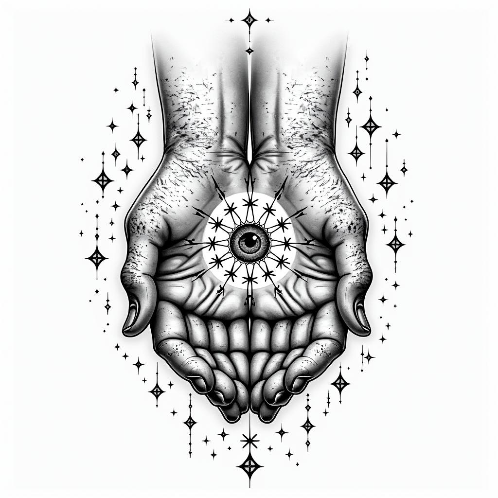 As above so below handsin prophecy tattoo style, featuring mystical symbols, celestial imagery like stars, moons, suns, geometric patterns, foretelling elements, an eye of wisdom - Variation 7