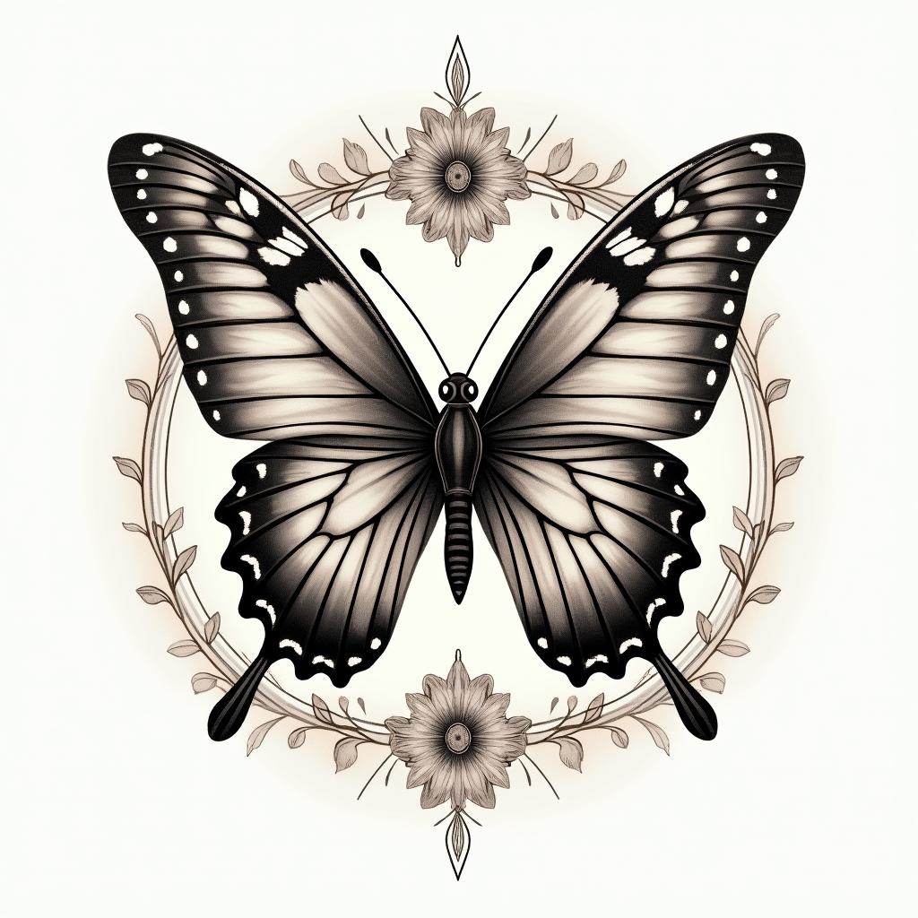 Butterfly'sin victorian style tattoo, featuring vintage and elegant elements, ornate frames, roses, antique, sepia-toned color scheme - Variation 2