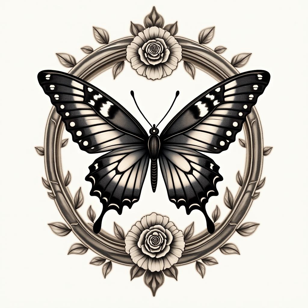 Butterfly'sin victorian style tattoo, featuring vintage and elegant elements, ornate frames, roses, antique, sepia-toned color scheme