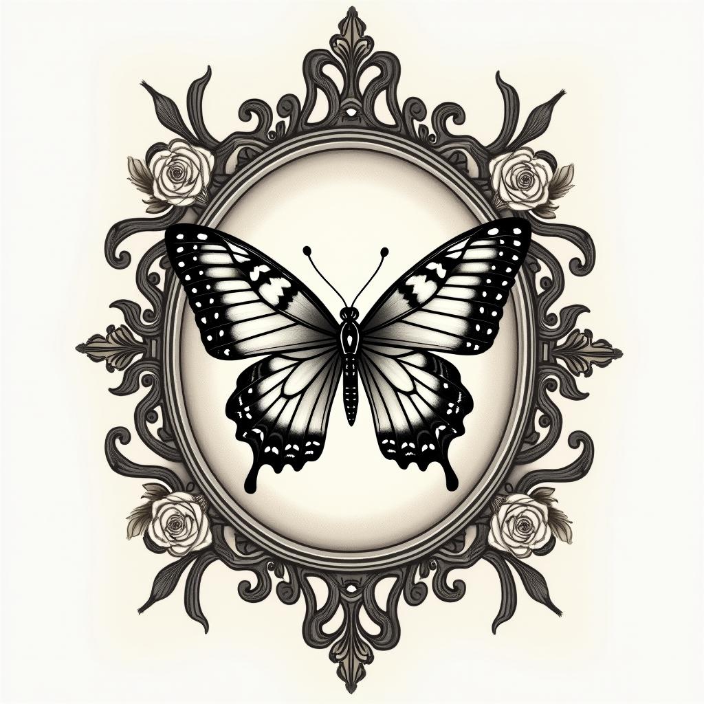 Butterfly'sin victorian style tattoo, featuring vintage and elegant elements, ornate frames, roses, antique, sepia-toned color scheme - Variation 3