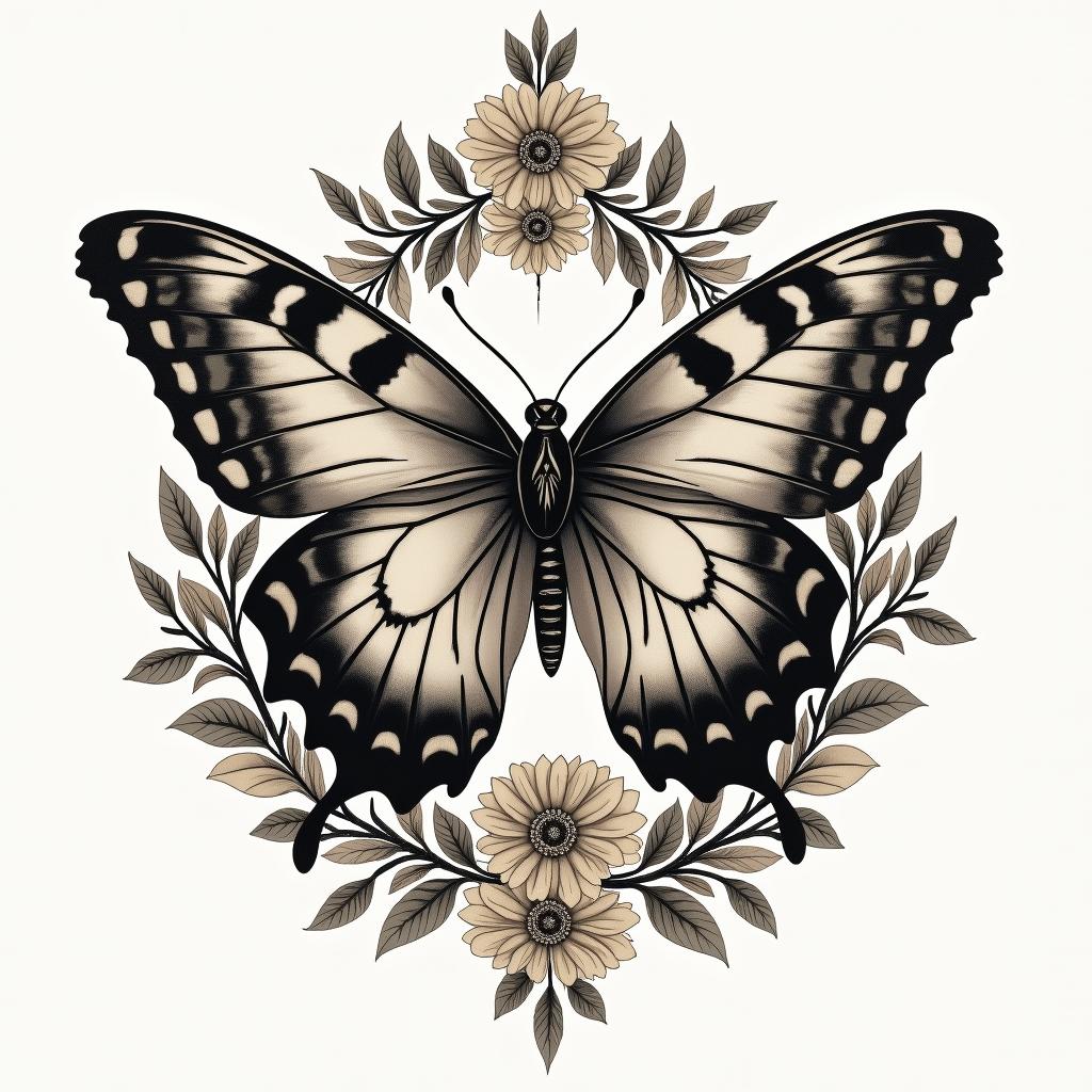 Butterfly'sin victorian style tattoo, featuring vintage and elegant elements, ornate frames, roses, antique, sepia-toned color scheme - Variation 4