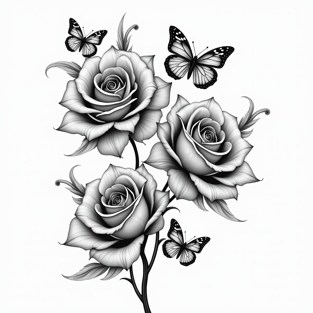 roses an sunflowers with swirls an butterfliesin realism tattoo style, featuring a highly detailed, lifelike, capturing every detail, photorealistic, ultra realistic, intricate shading, smooth and sharp, - Variation 7