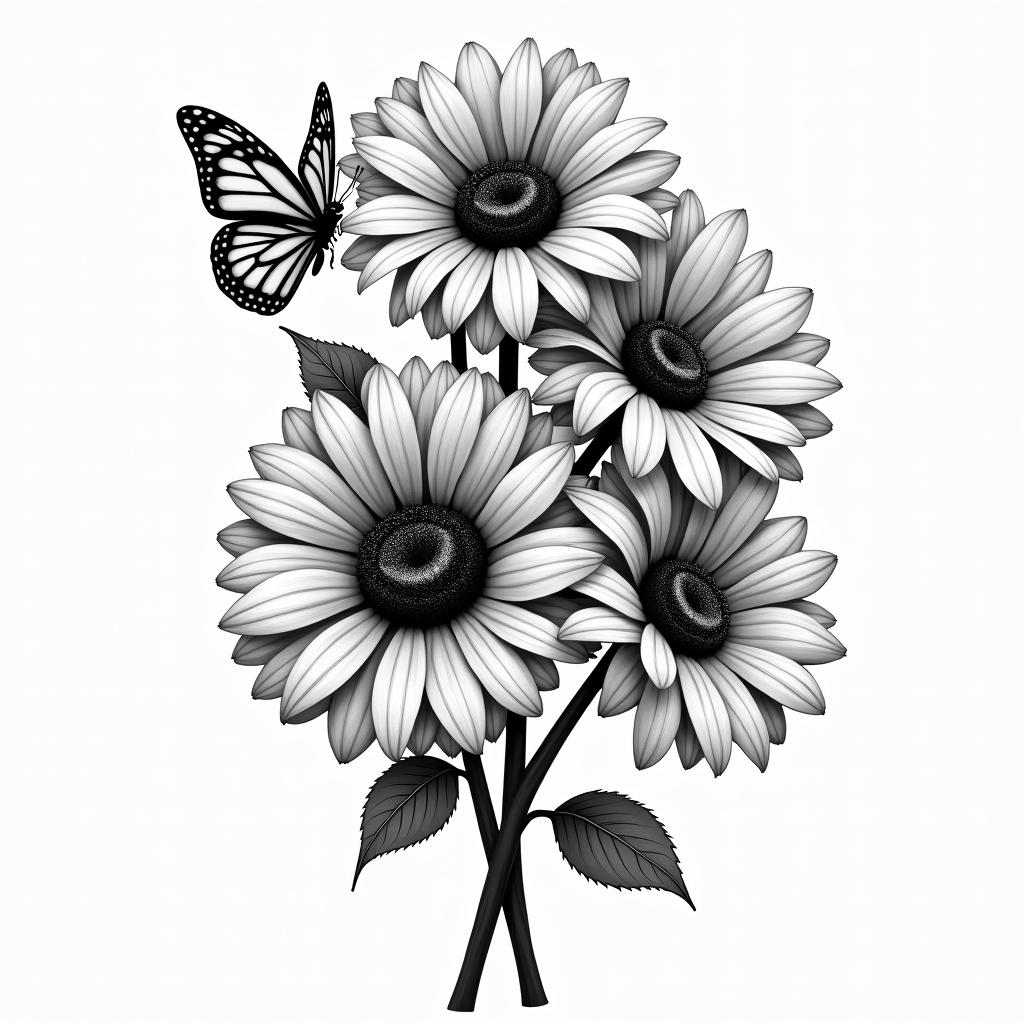 roses an sunflowers with swirls an butterfliesin realism tattoo style, featuring a highly detailed, lifelike, capturing every detail, photorealistic, ultra realistic, intricate shading, smooth and sharp, - Variation 1