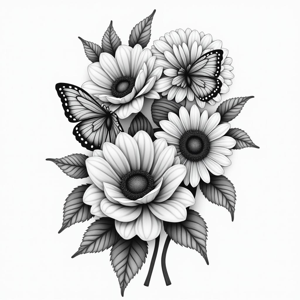 roses an sunflowers with swirls an butterfliesin realism tattoo style, featuring a highly detailed, lifelike, capturing every detail, photorealistic, ultra realistic, intricate shading, smooth and sharp, - Variation 2