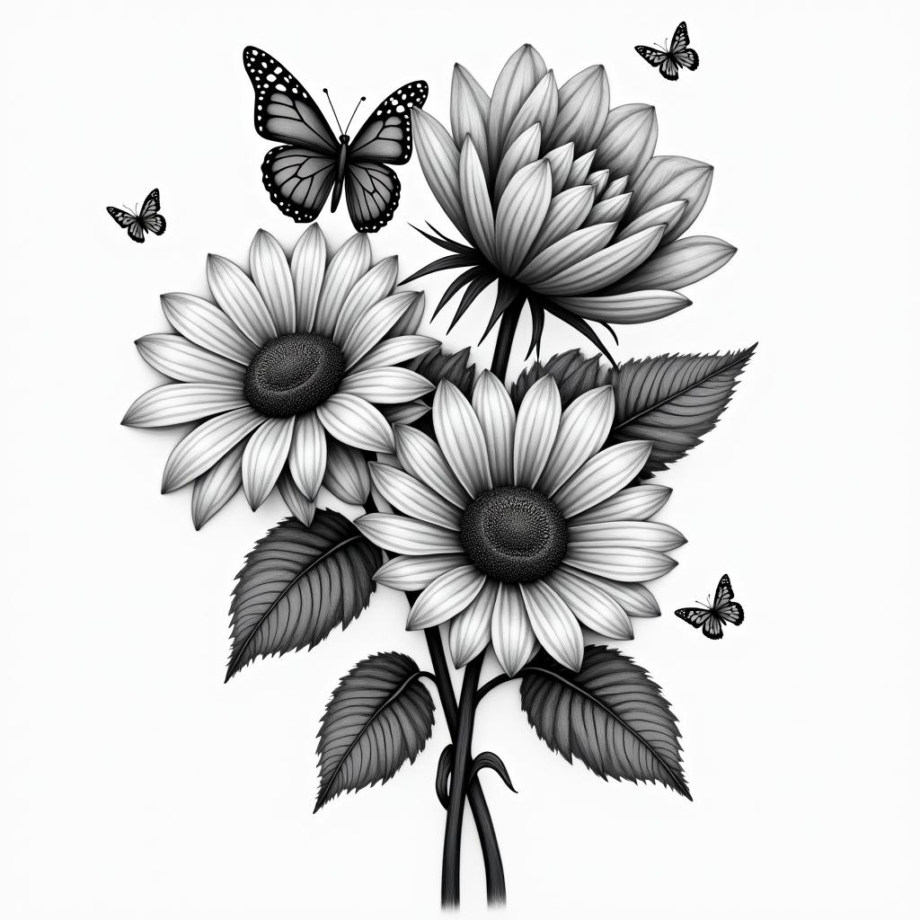 roses an sunflowers with swirls an butterfliesin realism tattoo style, featuring a highly detailed, lifelike, capturing every detail, photorealistic, ultra realistic, intricate shading, smooth and sharp, - Variation 3