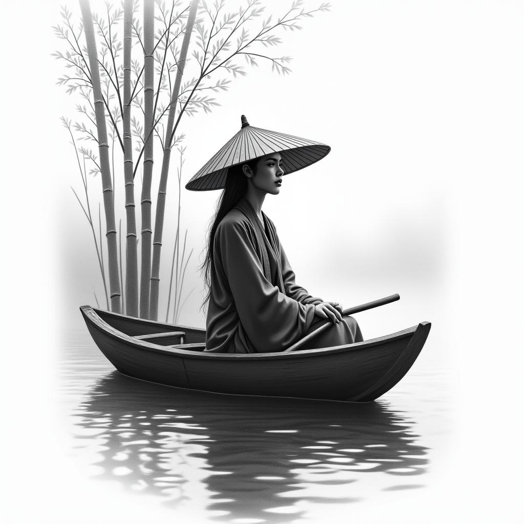 Black and gray forearm tattoo design of a mysterious Vietnamese woman wearing a traditional nón lá (straw hat), sitting alone in a wooden boat. She is drifting through a quiet river surrounded by tall bamboo stalks or cherry blossom branches. Her long robes flow gently in the breeze, and her face is partially shadowed by the hat. The scene is misty, peaceful, and emotional—symbolizing solitude, strength, and reflection. Include subtle water ripples and fog for atmosphere. Designed to wrap vertically and flow naturally up the forearm.in realism tattoo style, featuring a highly detailed, lifelike, capturing every detail, photorealistic, ultra realistic, intricate shading, smooth and sharp,   - Variation 4
