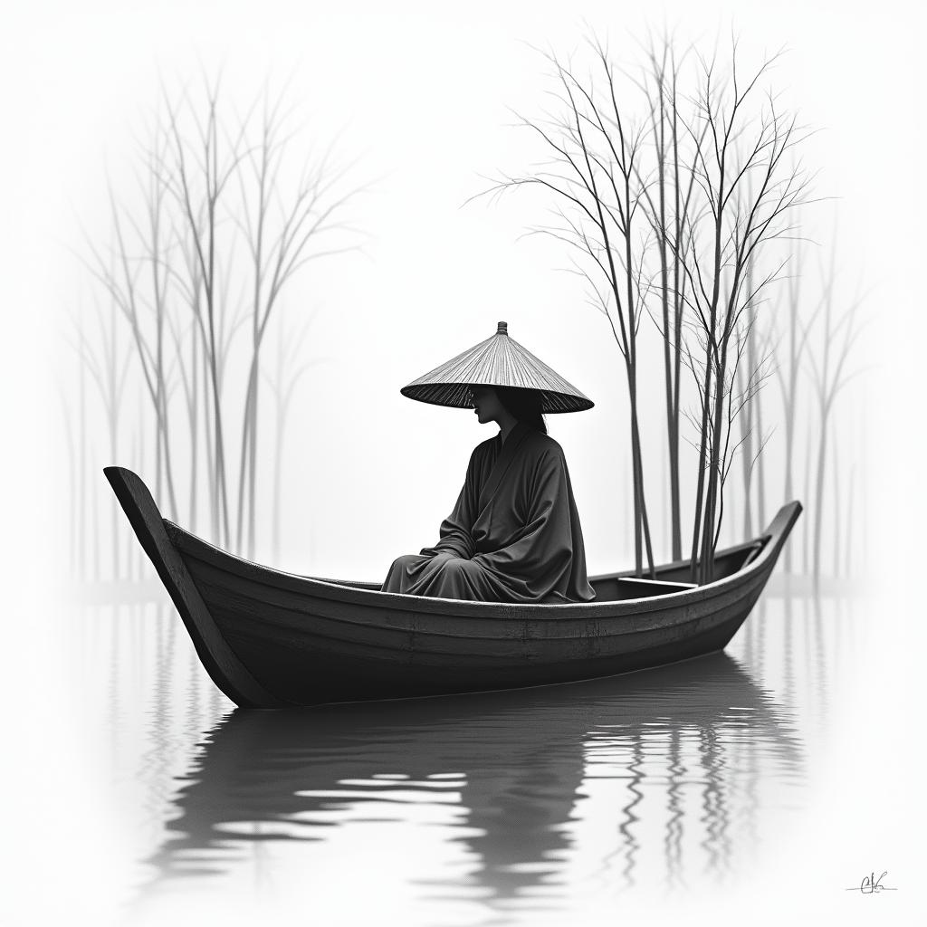 Black and gray forearm tattoo design of a mysterious Vietnamese woman wearing a traditional nón lá (straw hat), sitting alone in a wooden boat. She is drifting through a quiet river surrounded by tall bamboo stalks or cherry blossom branches. Her long robes flow gently in the breeze, and her face is partially shadowed by the hat. The scene is misty, peaceful, and emotional—symbolizing solitude, strength, and reflection. Include subtle water ripples and fog for atmosphere. Designed to wrap vertically and flow naturally up the forearm.in realism tattoo style, featuring a highly detailed, lifelike, capturing every detail, photorealistic, ultra realistic, intricate shading, smooth and sharp,  