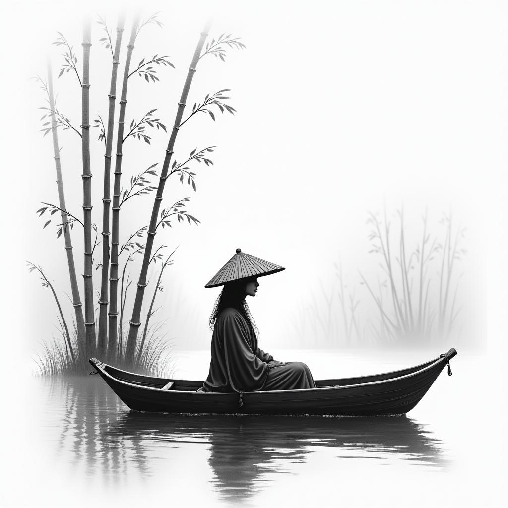 Black and gray forearm tattoo design of a mysterious Vietnamese woman wearing a traditional nón lá (straw hat), sitting alone in a wooden boat. She is drifting through a quiet river surrounded by tall bamboo stalks or cherry blossom branches. Her long robes flow gently in the breeze, and her face is partially shadowed by the hat. The scene is misty, peaceful, and emotional—symbolizing solitude, strength, and reflection. Include subtle water ripples and fog for atmosphere. Designed to wrap vertically and flow naturally up the forearm.in realism tattoo style, featuring a highly detailed, lifelike, capturing every detail, photorealistic, ultra realistic, intricate shading, smooth and sharp,   - Variation 2