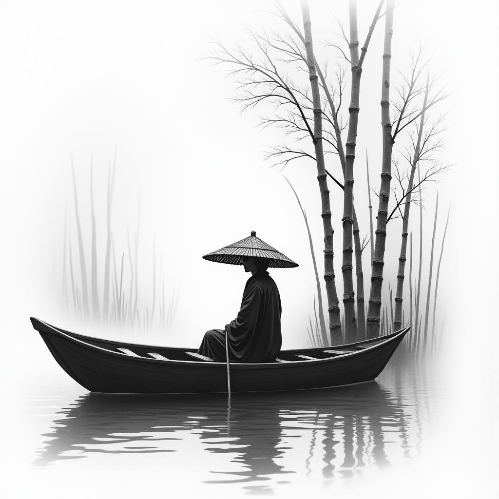 Black and gray forearm tattoo design of a mysterious Vietnamese woman wearing a traditional nón lá (straw hat), sitting alone in a wooden boat. She is drifting through a quiet river surrounded by tall bamboo stalks or cherry blossom branches. Her long robes flow gently in the breeze, and her face is partially shadowed by the hat. The scene is misty, peaceful, and emotional—symbolizing solitude, strength, and reflection. Include subtle water ripples and fog for atmosphere. Designed to wrap vertically and flow naturally up the forearm.in realism tattoo style, featuring a highly detailed, lifelike, capturing every detail, photorealistic, ultra realistic, intricate shading, smooth and sharp,   - Variation 3
