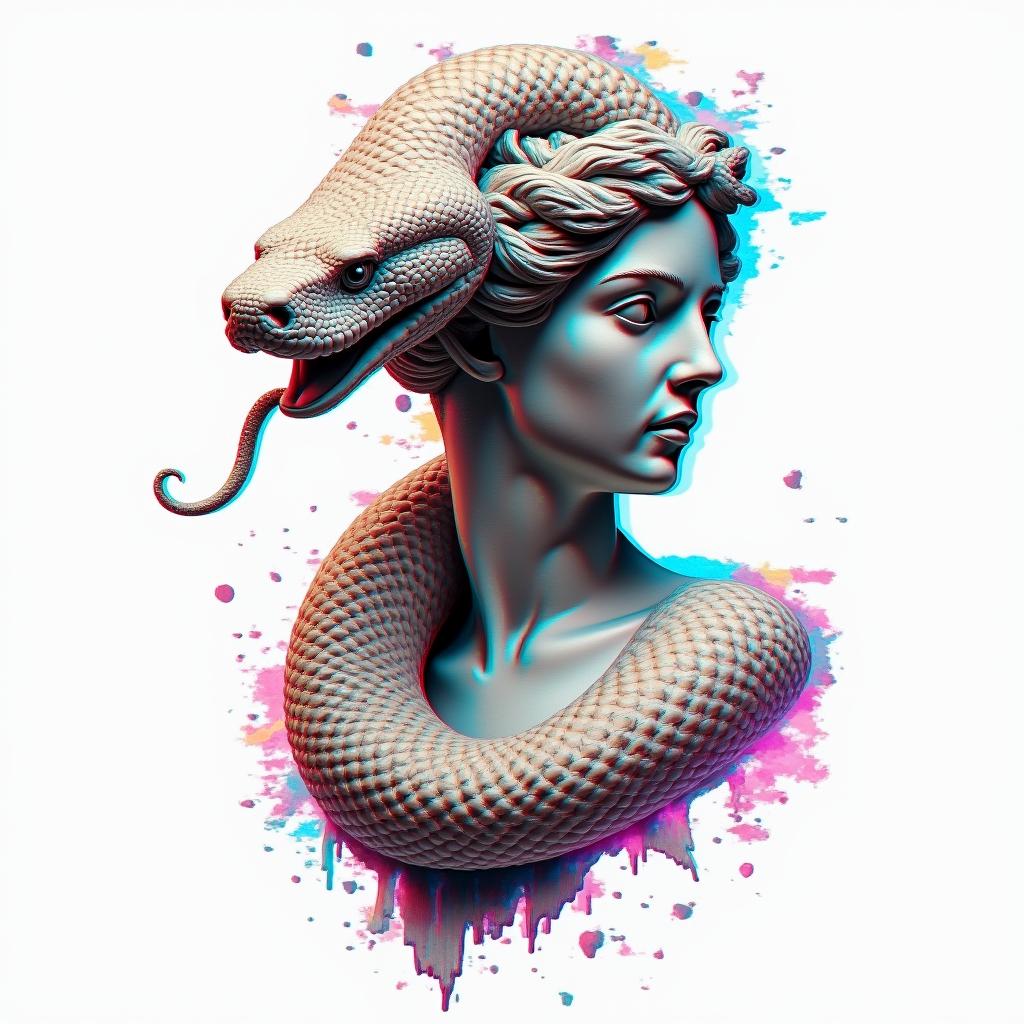 Corn snakein distorted and fragmented tattoo design, featuring a classical statue bust, in a glitch art style with vibrant, overlapping colors of cyan, magenta, and yellow, creating a digital distortion effect - Variation 4