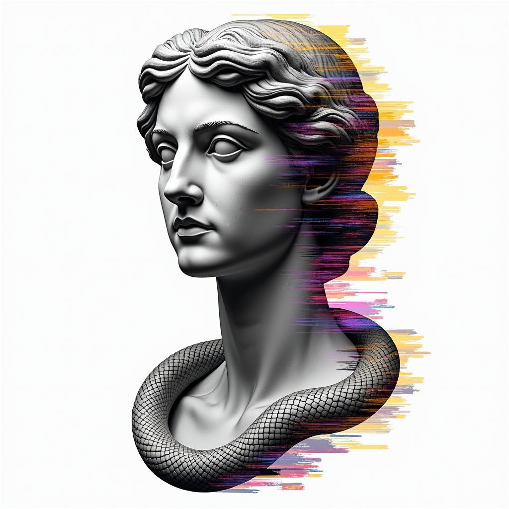 Corn snakein distorted and fragmented tattoo design, featuring a classical statue bust, in a glitch art style with vibrant, overlapping colors of cyan, magenta, and yellow, creating a digital distortion effect