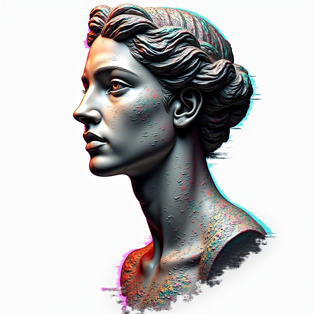 Corn snakein distorted and fragmented tattoo design, featuring a classical statue bust, in a glitch art style with vibrant, overlapping colors of cyan, magenta, and yellow, creating a digital distortion effect - Variation 3