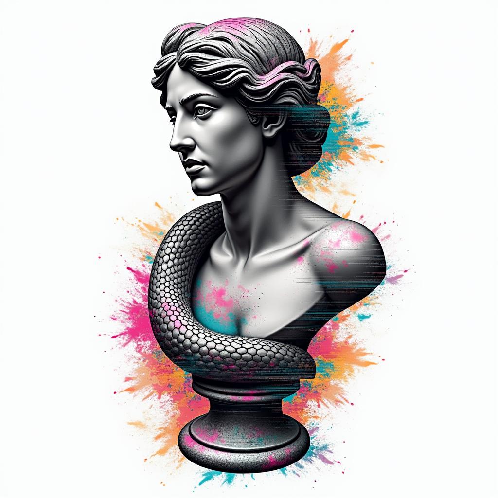 Corn snakein distorted and fragmented tattoo design, featuring a classical statue bust, in a glitch art style with vibrant, overlapping colors of cyan, magenta, and yellow, creating a digital distortion effect - Variation 2