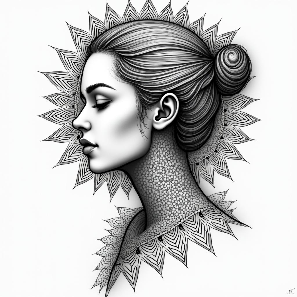 Strong female overcoming painin dotwork style tattoo, complex mandala patterns, interlocking geometric shapes with sharp symmetry, clean lines, sharp angles - Variation 4