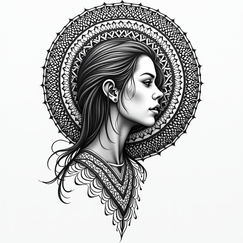 Strong female overcoming painin dotwork style tattoo, complex mandala patterns, interlocking geometric shapes with sharp symmetry, clean lines, sharp angles - Variation 3