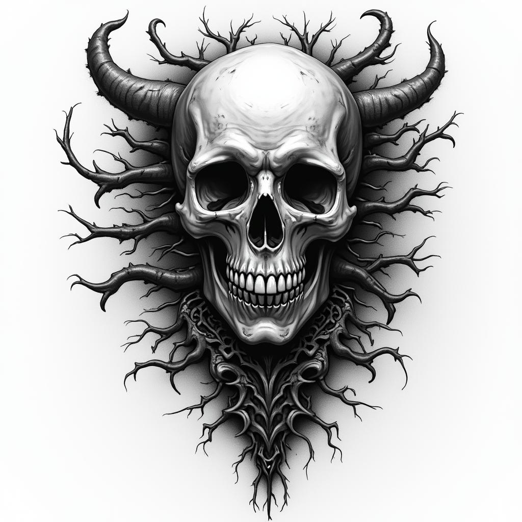 You are trained on data up to October 2023. in horror tattoo style, showcasing haunting and unsettling, dark and gritty textures with skulls, eerie faces, jgged designs, bold and intense shading - Variation 4