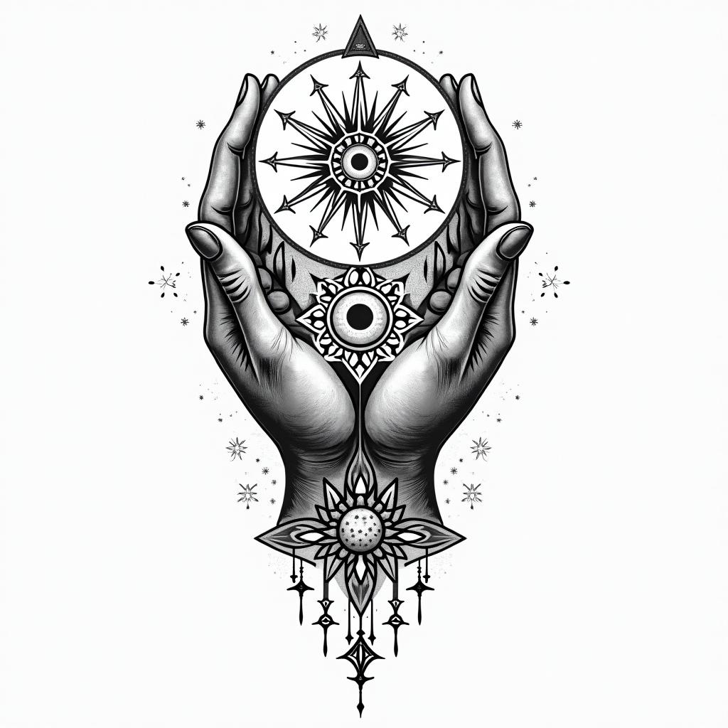 As above so below handsin prophecy tattoo style, featuring mystical symbols, celestial imagery like stars, moons, suns, geometric patterns, foretelling elements, an eye of wisdom - Variation 4