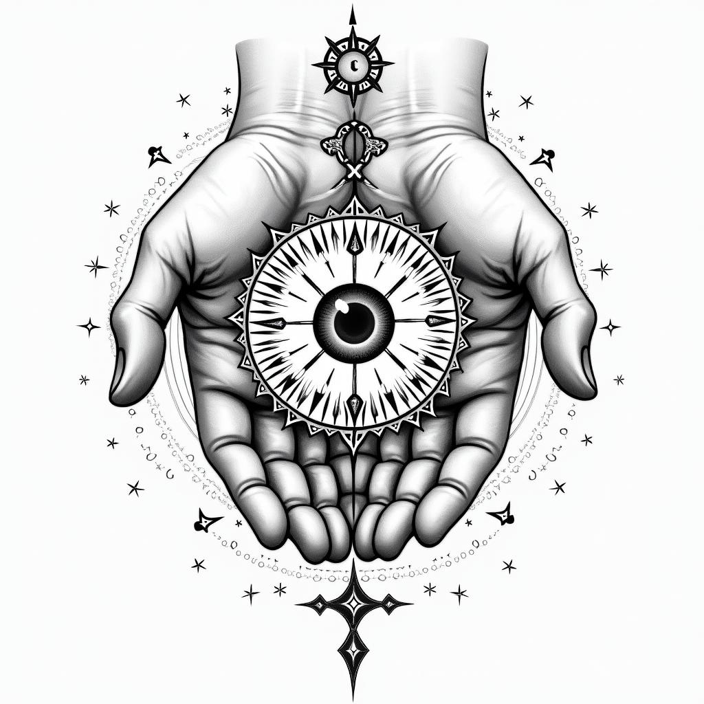 As above so below handsin prophecy tattoo style, featuring mystical symbols, celestial imagery like stars, moons, suns, geometric patterns, foretelling elements, an eye of wisdom