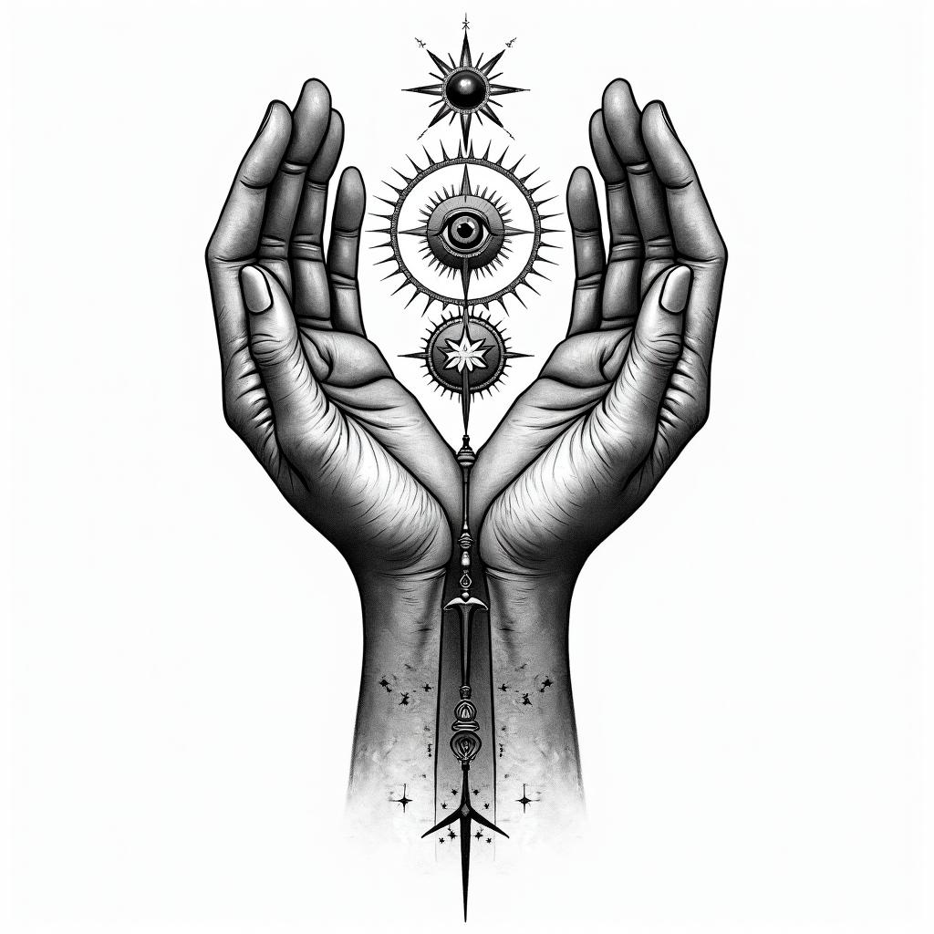 As above so below handsin prophecy tattoo style, featuring mystical symbols, celestial imagery like stars, moons, suns, geometric patterns, foretelling elements, an eye of wisdom - Variation 2