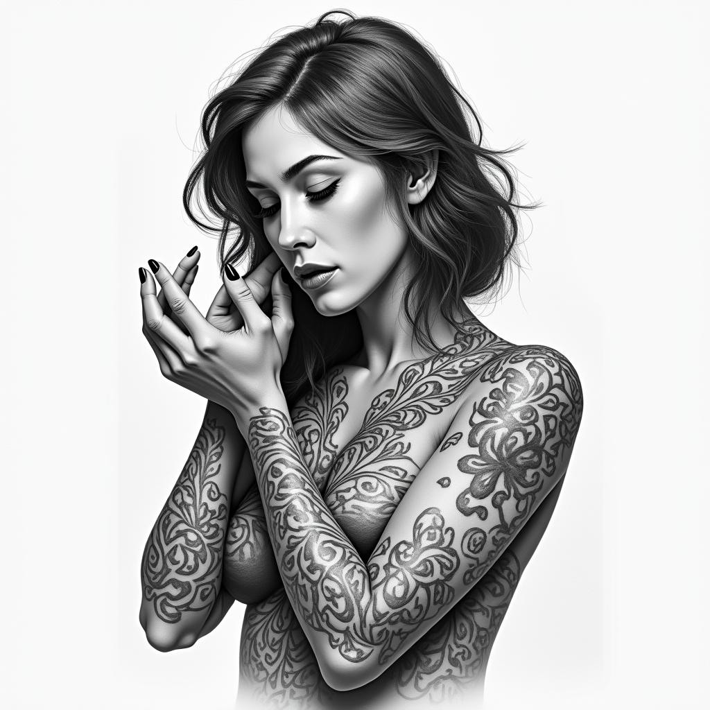 Female putting pieces together with painhigly detailed tattoo - Variation 3