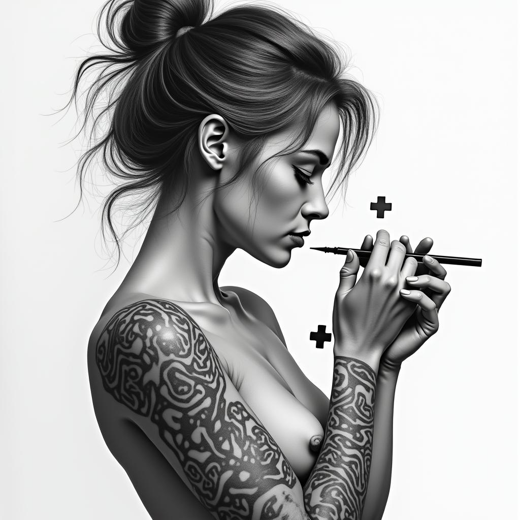 Female putting pieces together with painhigly detailed tattoo - Variation 2