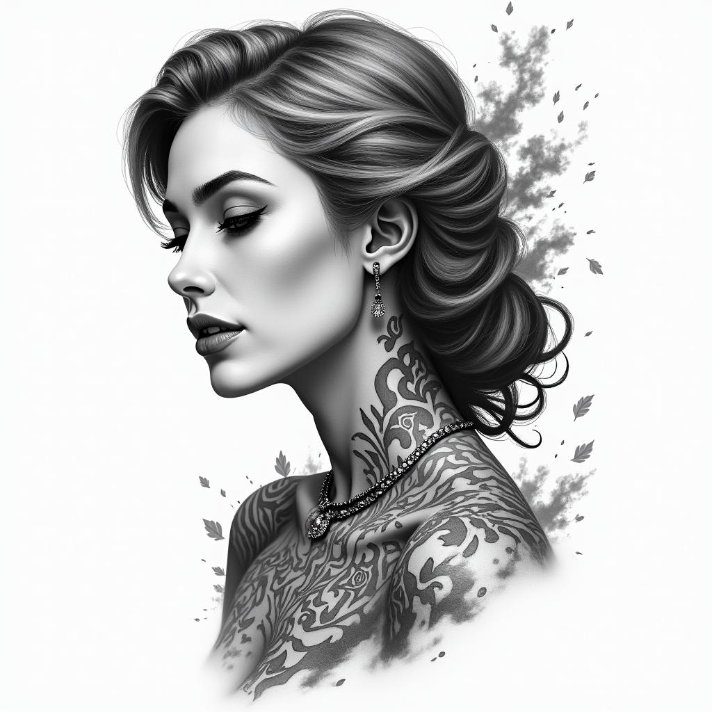 Female putting pieces together with painhigly detailed tattoo - Variation 4