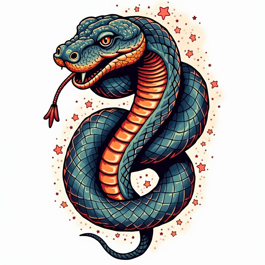 Snakein pop art style tattoo, featuring bold and vibrant colors, exaggerated outlines, iconic imagery, inspired by comic books and speech bubbles, comic book characters, retro pop culture