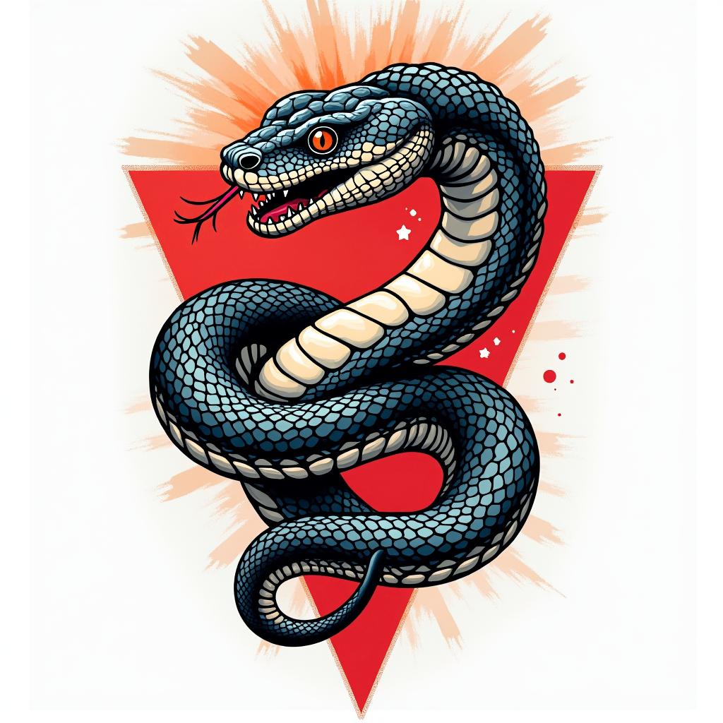 Snakein pop art style tattoo, featuring bold and vibrant colors, exaggerated outlines, iconic imagery, inspired by comic books and speech bubbles, comic book characters, retro pop culture - Variation 2