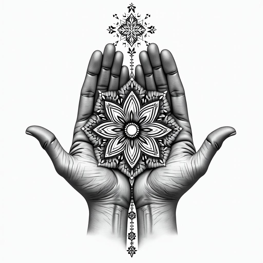 As above so below two hands opposite in geometric style tattoo, blending hexagons, mandala-inspired patterns, symmetrical and fractal design, clean lines, sharp angles - Variation 5