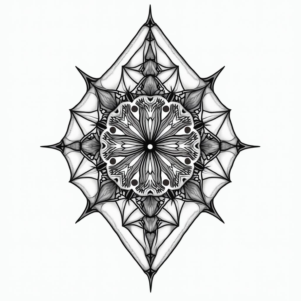 As above so below two hands opposite in geometric style tattoo, blending hexagons, mandala-inspired patterns, symmetrical and fractal design, clean lines, sharp angles - Variation 6