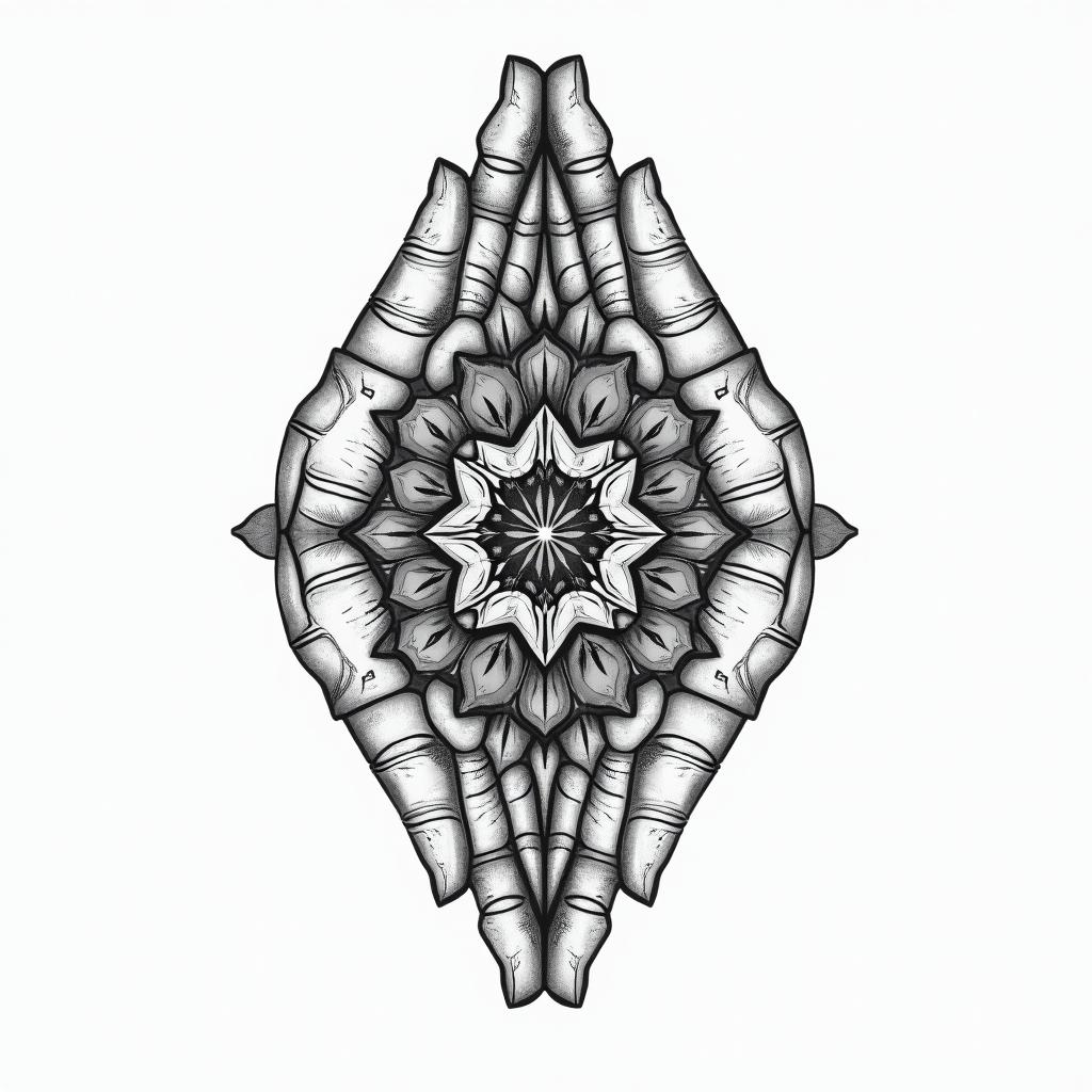 As above so below two hands opposite in geometric style tattoo, blending hexagons, mandala-inspired patterns, symmetrical and fractal design, clean lines, sharp angles - Variation 2