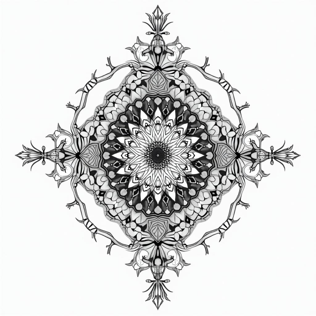 As above so below two hands opposite in geometric style tattoo, blending hexagons, mandala-inspired patterns, symmetrical and fractal design, clean lines, sharp angles - Variation 4