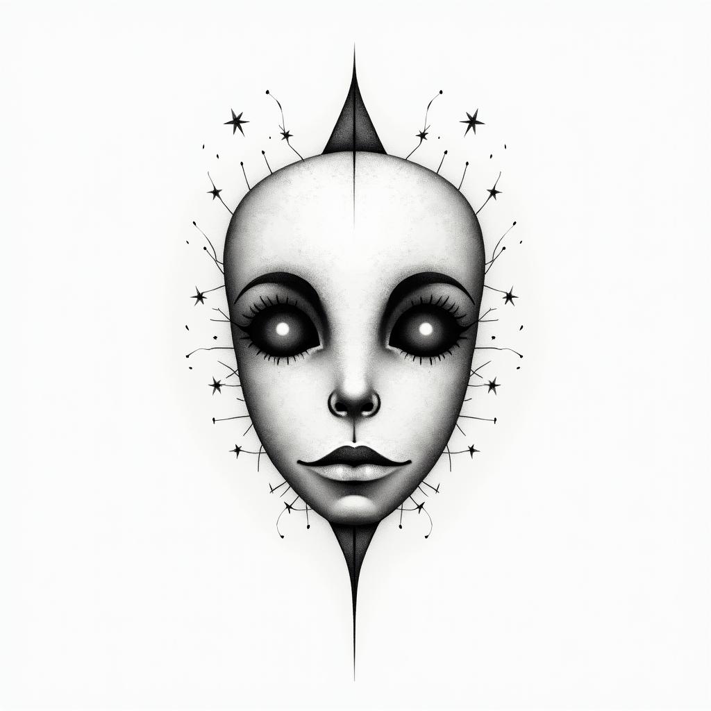 Sad face with a happy maskin minimalist style tattoo, featuring simple shapes and fine lines, with minimal shading and details, tiny triangles, creating a sense of balance and harmony - Variation 2
